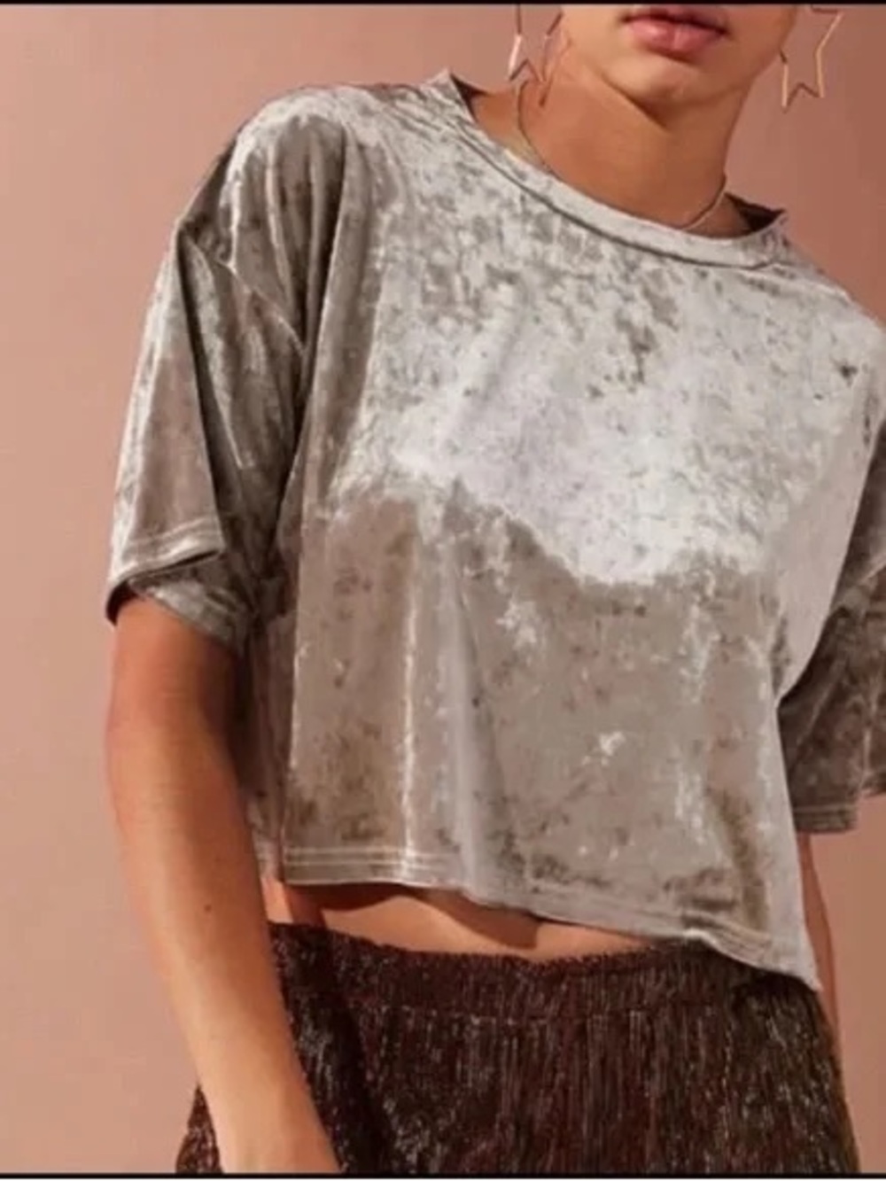 Urban Outfitters Crushed Velvet Short Sleeve Tee in Taupe